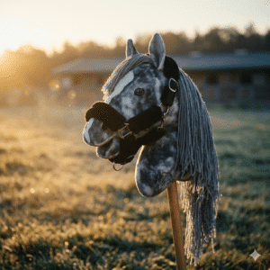 HKM Hobby Horse Set: Steckenpferd Grau mit Trense & flauschigem Kunstfell-Halfter Schwarz | 40 cm Holzstiel | Reitsport-Spielzeug