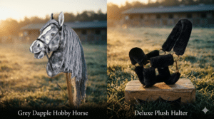 HKM Hobby Horse Set: Steckenpferd Grau mit Trense & flauschigem Kunstfell-Halfter Schwarz | 40 cm Holzstiel | Reitsport-Spielzeug