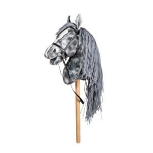 HKM Hobby Horse Set: Steckenpferd Grau mit Trense & flauschigem Kunstfell-Halfter Schwarz | 40 cm Holzstiel | Reitsport-Spielzeug