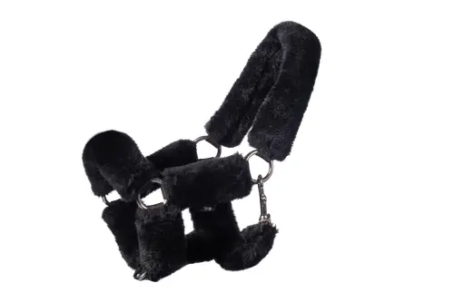 HKM Hobby Horse Halfter mit flauschigem Kunstfell & Führstrick Schwarz | Zubehör | Reitsport-Spielzeug